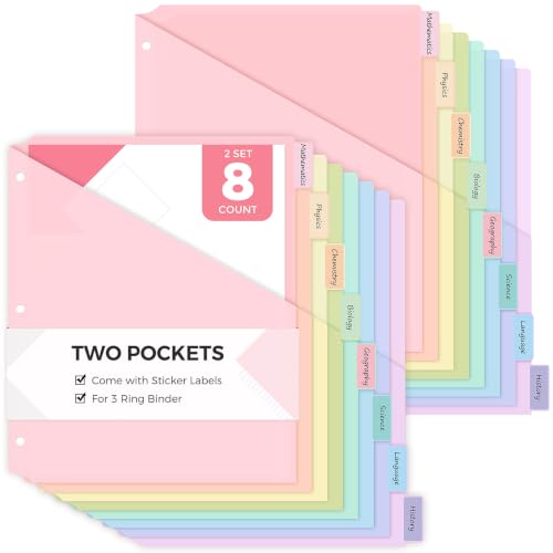 SKYDUE Binder Dividers with Pockets, 8 Tab Dividers for 3 Ring Binder, Letter Size Plastic Pocket Dividers with Writable Labels, Binder Organizer for School, Office, Home - color: Pink, size: 2 SETS