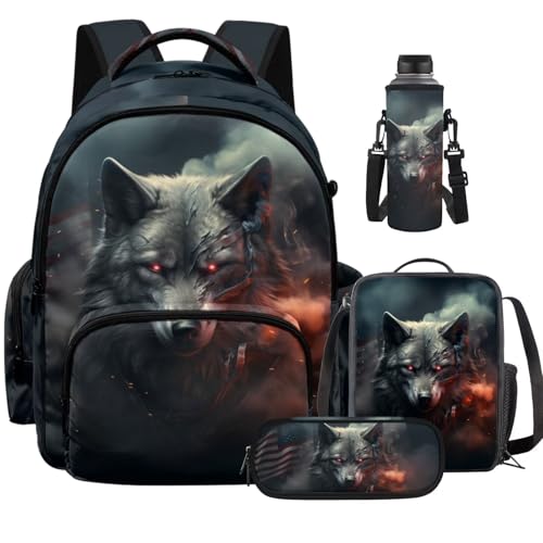 Cool Wolf Backpack for Boys Girls Backpack with Lunch Box Water Bottle Holder with Strap and Big Pencil Case 4PCS Set Bookbag Back to School Gifts for School Teens 17" Sturdy School Bag - color: Cool Wolf