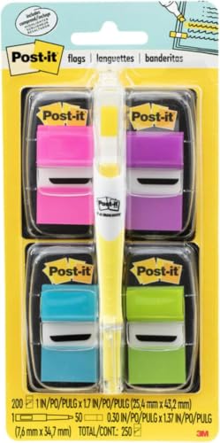 Post-it Flags Value Pack, 50/Dispenser, 4 Dispensers/Pack, 1 in Wide, Assorted Bright Colors, Includes Free Flags + Highlighter (680-PPBGVA) (Pack of 12) - size: 200 Flags (Pack of 12)
