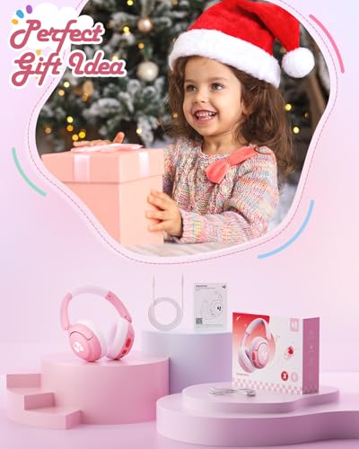 awatrue Kids Bluetooth Headphones, 85dB Volume Limiter, Foldable Wireless Over-Ear Headphones for iPad, Travel, 75H Playtime, Bluetooth 5.4, Built-in Mic, Pink - color: Pink