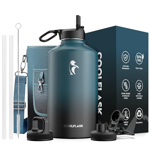 Coolflask 128 oz Gallon Water Bottle Insulated with Straw&3 Lids, Water Jug Large Stainless Steel Metal Vacuum Wide Mouth for Sports, Gym or Office, Non-BPA Keep Cold 48H Hot 24H, Samurai Cyan - color: Samurai Cyan, size: 128 Ounces