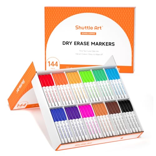 Shuttle Art Dry Erase Markers, 12 Colors 144 Bulk Pack Whiteboard Markers, Fine Point Dry Erase Markers Perfect for Writing on Dry Erase Whiteboard Mirror Glass for School Office Home - color: 144 Pack 12 Colors