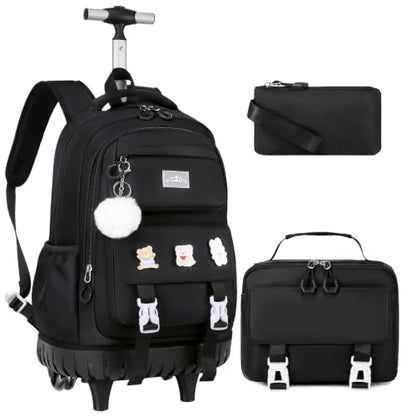 DIGOBAY 3-IN-1 Kids Rolling Backpack for Girls with Lunch Bag Pencil case, Black Kawaii Backpack with Wheels for Girls Roller School Bag with Wheels for Teen Elementary School Bookbags with Cute Pins - color: Black