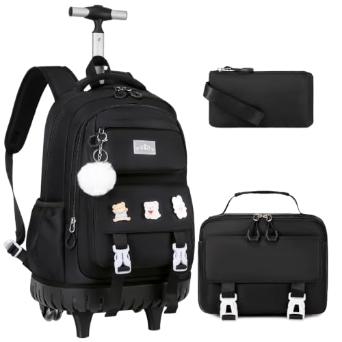 DIGOBAY 3-IN-1 Kids Rolling Backpack for Girls with Lunch Bag Pencil case, Black Kawaii Backpack with Wheels for Girls Roller School Bag with Wheels for Teen Elementary School Bookbags with Cute Pins - color: Black