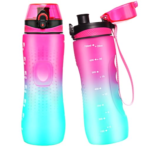 Water Bottle,25 oz Motivational Water Bottle with Time Marker,Sports Water Bottle with Carrying Strap,Leakproof & BPA Free,Reusable,for Teenager, Adult,Outdoors, Cycling, School & Office - color: purple/green, size: 25.4 Ounces
