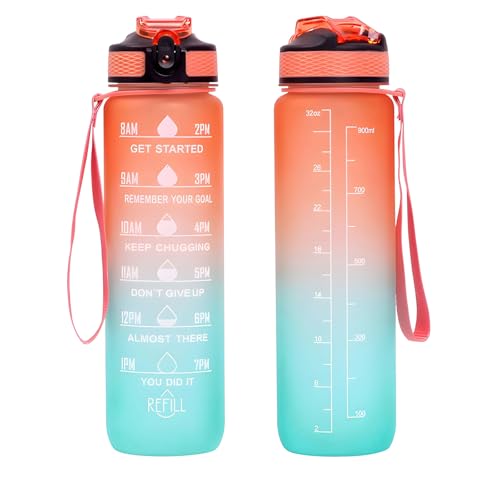 32 oz Motivational Water Bottle with Time Marker,Water Bottles with Times to Drink and Straw with Carrying Strap,Perfect For Fitness Gym Outdoor,BPA Free (Orange & Green Gradient) - color: Orange & Green Gradient