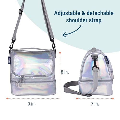 Wildkin Two Compartment Lunch Bag, Holographic | Two compartments keep lunch and snacks separate, PEVA-lined main section, ages 5+ — clean solid colors - color: Holographic