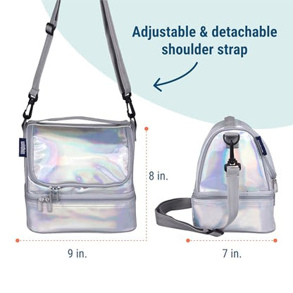 Wildkin Two Compartment Lunch Bag, Holographic | Two compartments keep lunch and snacks separate, PEVA-lined main section, ages 5+ — clean solid colors - color: Holographic