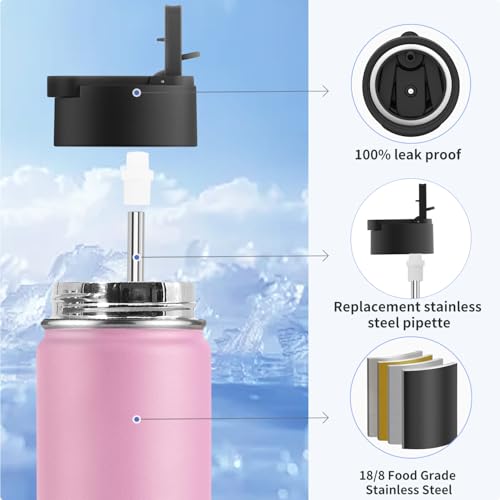 koodee 16 oz Water Bottle Stainless Steel Double Wall Vacuum Insulated Flask Kids Sports Water Bottle with Leakproof Straw Lid (Pink - color: pink-A, size: 16 Ounces