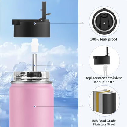 koodee 16 oz Water Bottle Stainless Steel Double Wall Vacuum Insulated Flask Kids Sports Water Bottle with Leakproof Straw Lid (Pink - color: pink-A, size: 16 Ounces