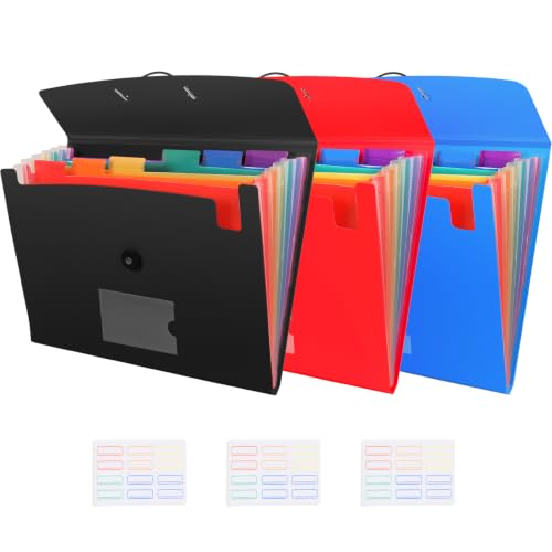 7-Pocket Expanding File 3pcs, Plastic Expandable File Folder - Black&Blue&Red - size: 3Pack-7Pocket
