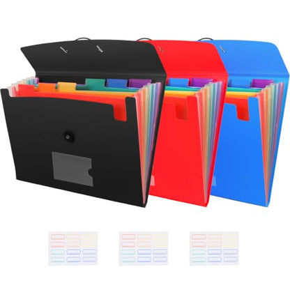 7-Pocket Expanding File 3pcs, Plastic Expandable File Folder - Black&Blue&Red - size: 3Pack-7Pocket