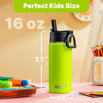 Kids Water Bottle with Straw-16 oz Stainless Steel Double Wall Vacuum Insulated Wide Mouth Water Bottle for Bakc School, Travel Leak-Proof Metal Water Flask (Black) - color: Black, size: 16 Ounces