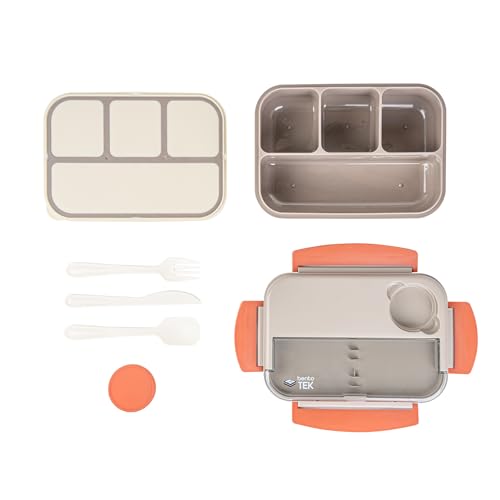 Restaurantware-Bento Tek 43.9 Ounce Bento Box, 1 Reusable Lunch Container - With Cutlery, Does Not Contain BPA, Brown And Orange Plastic Reusable Lunch Box, Sauce Cup Included, Microwavable - size: 1 Count, style: 44 oz - Brown