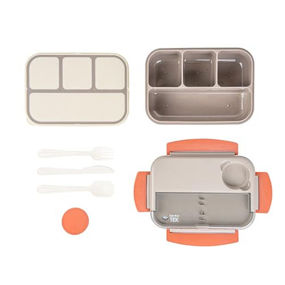 Restaurantware-Bento Tek 43.9 Ounce Bento Box, 1 Reusable Lunch Container - With Cutlery, Does Not Contain BPA, Brown And Orange Plastic Reusable Lunch Box, Sauce Cup Included, Microwavable - size: 1 Count, style: 44 oz - Brown