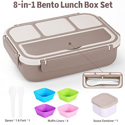 Bento Box Adult Lunch Box, Containers for Adults Men Women with 4 Compartments, Lunchable Food Container with Utensils, Sauce Jar, Muffin Liners, 40 Oz/5 Cup, Microwave & Dishwasher Safe, Brown - color: Brown