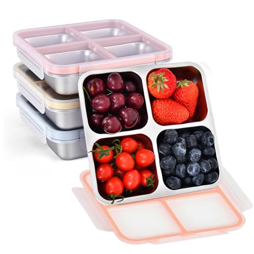 Stainless Steel Snack Containers with Lids, 4 Pack 4 Compartment Meal Prep Containers, Reusable Bento Box with Assorted Colors, Food Storage for Lunch, Work (Pink/Blue/Orange/Yellow)