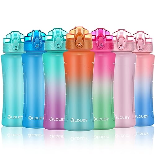 OLDLEY Kids Water Bottle with Straw 15 oz Motivational Water Bottles with Time Marker for School Travel, Spill Proof Sports Water Bottle for Girls Boys,1 Straw Lid,Orange/Green - color: Orange/Green, style: Straw Lid