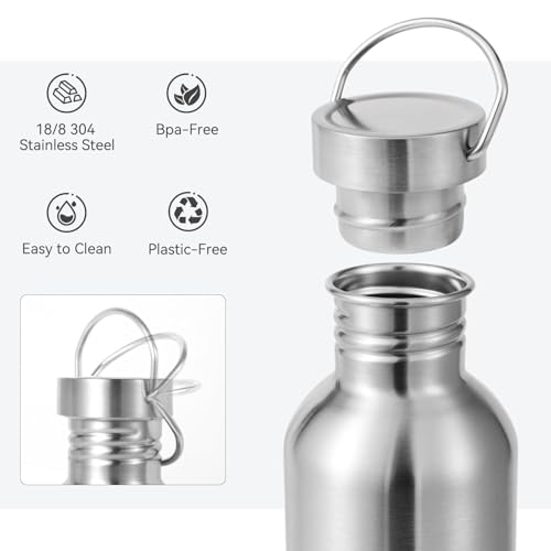 Volhoply 22oz Uninsulated Single Walled Water Bottle 4 Pack, Stainless Steel Reusable Water Bottles with Handle, BPA Free & Plastic Free 18/8 304 Metal Water Bottles for Camping, Hikers, Cyclists - size: 22 Ounces