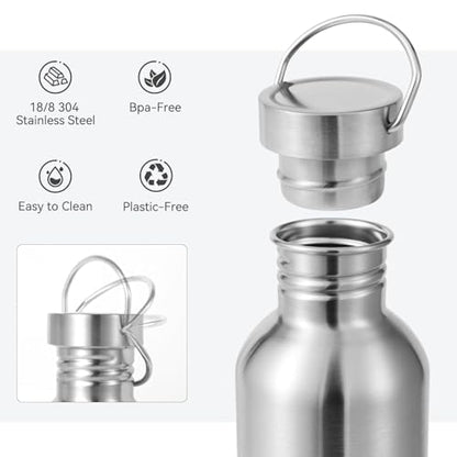 Volhoply 26oz Uninsulated Single Walled Water Bottle 4 Pack, Stainless Steel Reusable Water Bottles with Handle, BPA Free & Plastic Free 18/8 304 Metal Water Bottles for Camping, Hikers, Cyclists - size: 26 Ounces