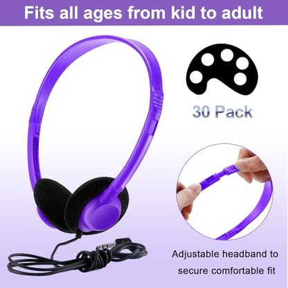 Yunsailing 30 Pack Bulk Headphones Set Over Ear Headphones with Adjustable Headband 3.5mm Plug Headsets Earphones for Learning Program, Computer Lab, Library, Testing & Multimedia Use (Purple) - color: Purple