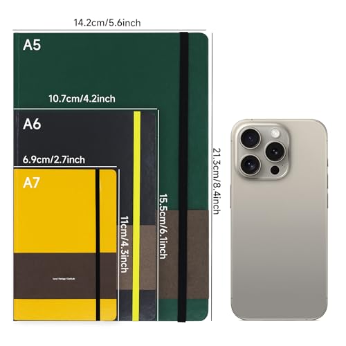 A6 Leather Hardcover Notebook - 2Pack 192 Pages Thick 100GSM Paper, Dotted/Grid/Blank, with Elastic Band & Inner Pocket for Writing, Sketching, Journaling (Yellow) - color: Yellow, size: A6