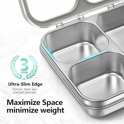 HOMEKOL Stainless Steel Bento Lunch Box 3-Compartment, 4.2Cups, Grey | Leak-Proof Metal Lunch Container for Kids & Adults, BPA-Free, Dishwasher Safe, Clear Tritan Lid, 1000ml (Not Insulated) - color: Gray, size: 34oz (1000ml)