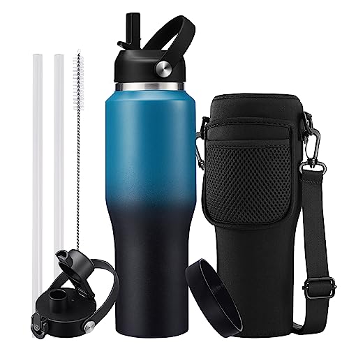 32oz Water Bottles with Straw - Travel Stainless Steel Water Bottle, Carrier Bag with Strap, 32 oz Tumbler Water Cup Fits Car Cup Holders - color: Blue&Black, size: 32 Ounces