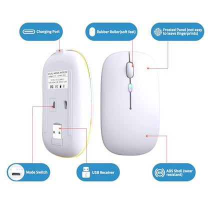 Wireless Bluetooth Mouse, Rechargeable, LED, Silent, Ultra-thin Design (Bluetooth 5.2 and 2.4GHz USB Receiver) | Portable Computer Mouse for Laptops, iPads, MacBooks and Apple Devices (white) - color: white