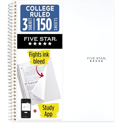 Five Star Spiral Notebook + Study App, 3 Subject, College Ruled Paper, 8-1/2" x 11", 150 Sheets, Fights Ink Bleed, Water Resistant Cover, White (72464) - color: White, size: 1 Count (Pack of 1)