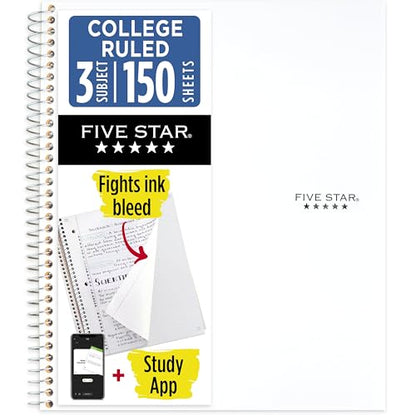 Five Star Spiral Notebook + Study App, 3 Subject, College Ruled Paper, 8-1/2" x 11", 150 Sheets, Fights Ink Bleed, Water Resistant Cover, White (72464) - color: White, size: 1 Count (Pack of 1)