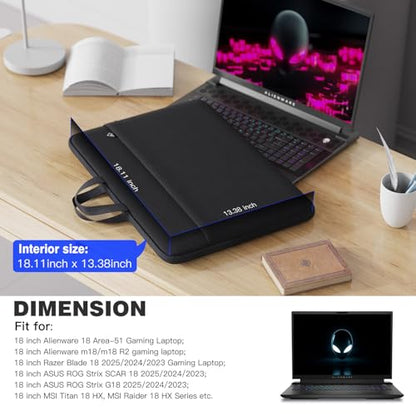 18-19 Inch Gaming Laptop Sleeve Carrying Case for 18 in Alienware 18 Area-51/m18 R2/m18 Gaming Laptop, 18" Razer Blade, 18" ASUS ROG Strix Scar 18 G18, Acer Nitro 5 18, MSI 18 inch Case Bag, Black - size: 19 Inch
