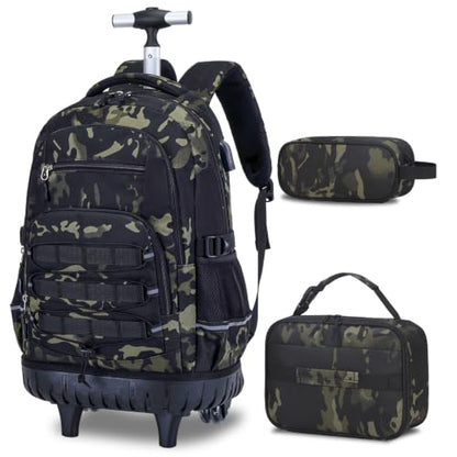 ACESAK Camo Rolling Backpack Boys, Tactical Kids Backpack Boys, Kids Suitcase for Boy Teens Elementary Middle High School, Military Backpack with Wheels and Lunch Bag Pencil Case Set (Camo Black) - color: Camo Black