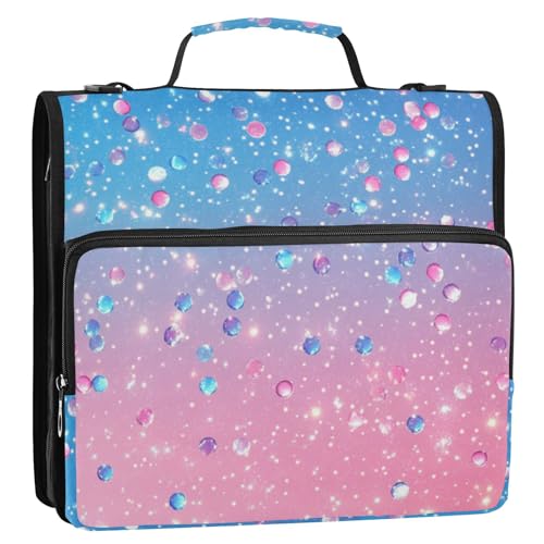 Boccsty Cute Light Pink Blue Gradient Flashing Glitter Zipper Binder 3 Ring Binders Expanding File Folder Multi-Pocket Zipper Binder Organizer for School Shoulder Strap and Handle - color: Multicolored 07