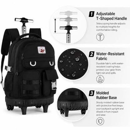 WZLVO 3PCS Rolling Backpack for Girls, 21 inch Water Resistant Roller Backpacks with Wheels, Wheeled Bookbag for Elementary Teens Women - Black - color: Black