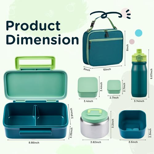 MAISON HUIS Bento Box for Kids with 8oz Soup Thermo, Insulated Lunch Bag & 17oz Water Bottle, 2-Compartment Bento Box with Built-In Ice Pack, Leak-Proof & BPA-Free (Green) - color: Green
