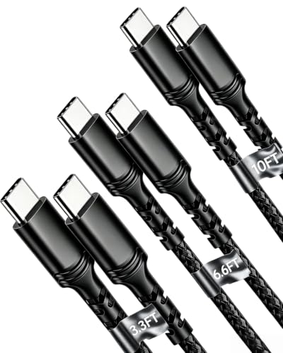100W PD Fast Charging USB C-C Cable 3-Pack 3.3/6.6/10' iPhone 15-17,Black | Nylon Braided, Fast Charging PD Cable, 5A Fast Charge Cord for iPhone 17/16/15 Pro Max, iPad Pro,MacBook.Galaxy S26,Switch - color: Black