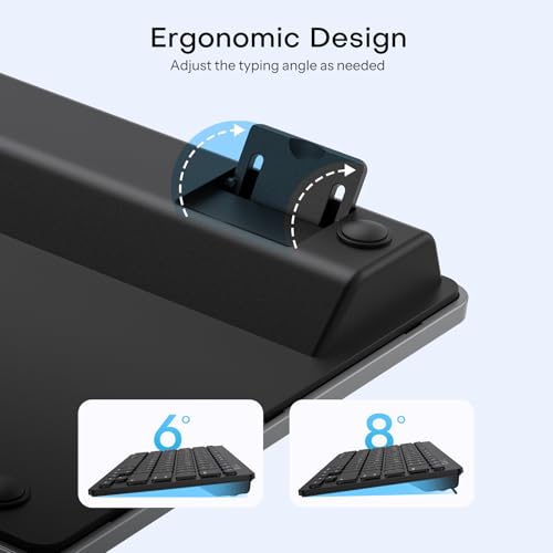 OMOTON Rechargeable Compact Bluetooth Keyboard for iPad, Adjustable Stand, Key Stickers, Slim Portable Wireless Keyboard for iPhone and iPad Pro/Air/Mini, Ideal for Study, Travel and Office, Black