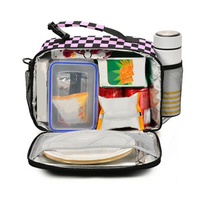 Custom Student Lunch Bag for Boys Girls Pink Black Checkered Personalized Lunch Box With Name Insulated Cooler Bag for School Picnic Travel - color: Multi09
