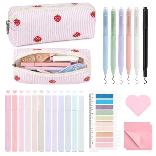22Pcs Book Annotation Kit Aesthetic Pencil Case with Supplies School Annotation Supplies Gel Pen Transparent Sticky Note Taking Bible Study College Stationery Supplie (Pink Strawberry) - color: Pink Strawberry