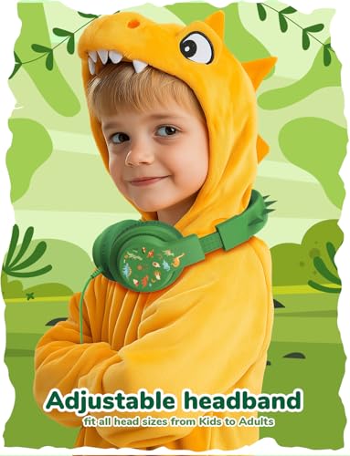 iClever Kids Headphones for School Travel, Safe Volume 85dBA, Stereo Sound Over-Ear for Kid, Foldable 3.5mm Wired Dinosaur Headphones for iPad Computer, HS19S - color: Dinosaur Green