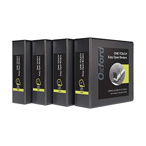 Oxford 3 Ring Binders, Binders for School and Office, 3 Inch ONE-Touch Easy Open D Rings, 3-Sided View Binder Covers, Xtralife Hinge, Non-Stick, PVC-Free, Black, 650-Sheet Capacity, 4 Pack (79914) - size: 3 Inch