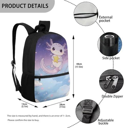 CLOHOMIN Axolotl Kids Backpack Set of 3 with Lunch Bag for Girls 10-12 Primary Schoolbag and Lunch Box and Water Bottle Bag Set School Book Bags for Middle School Kids Large Capacity Bookbag - color: Axolotl Star