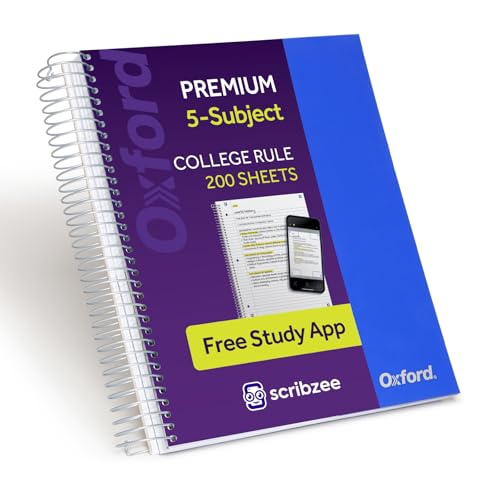 Oxford Spiral Notebook with Free Study App, 5 Subject, College Ruled, Ultra Smooth Paper, No Ink Bleed-Through, Strong Poly Blue Cover, 5 Durable 2 Sided Pockets, 200 Easy Perforated 8.5" x 11" Sheets - color: Blue
