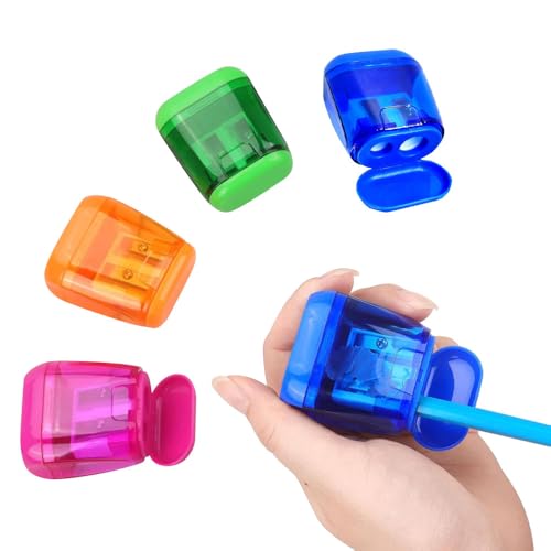4 Pack Pencil Sharpeners with Lid, Dual Holes Handheld Pencil Sharpener Manual, Mini Sharpener with Shavings Container for School, Office, Classroom Supplies