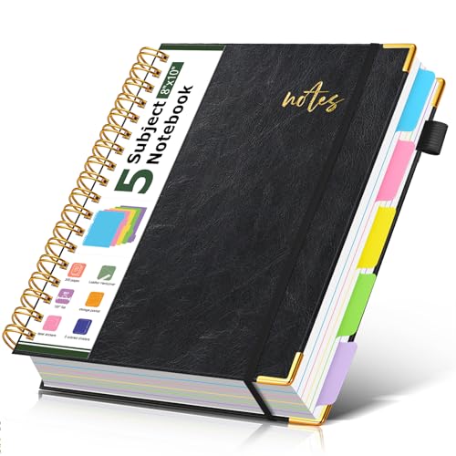 5 Subject Spiral Notebook Journal with Removable Dividers Tabs, 300 Pages Organizer Notebooks for Work School, 8"x10" Hardcover Leather Notebook College Ruled, Large Lined Journal for Women Men,Black - color: Black, size: B5