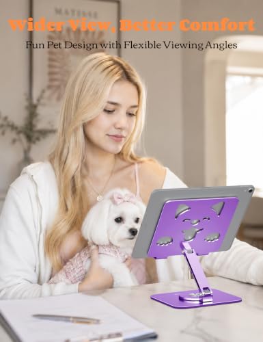 Aoviho Tablet Stand for iPad with 360° Rotating Base – Aluminum Adjustable Tablet Stand for Desk, Cute Dog Design Holder for iPad Pro/Air/Mini, Samsung Galaxy, Kindle, 4″–13″ Devices,Purple - color: Purple