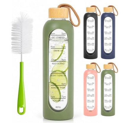 32 OZ Glass Water Bottles, Borosilicate Glass Bottle with Time Marker, 1 Liter Leak Proof Reusable BPA Free Motivational Water Bottles with Silicone Sleeve and Bamboo Lid (Green) - color: Green