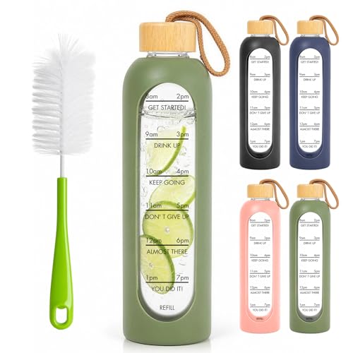 32 OZ Glass Water Bottles, Borosilicate Glass Bottle with Time Marker, 1 Liter Leak Proof Reusable BPA Free Motivational Water Bottles with Silicone Sleeve and Bamboo Lid (Green) - color: Green