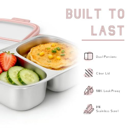 2 Pack 316 Stainless Steel Bento Box, 2-Compartment Microwave-Safe Metal Lunch Box, Leakproof Lunch Container for Work, On the Go (20oz/600ml Pink & Blue) - color: 20oz Pink & 20oz Blue